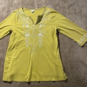 J. Jill Shirt Women's Sz M Embroidered Tunic Yellow Top Split Neckline Modest